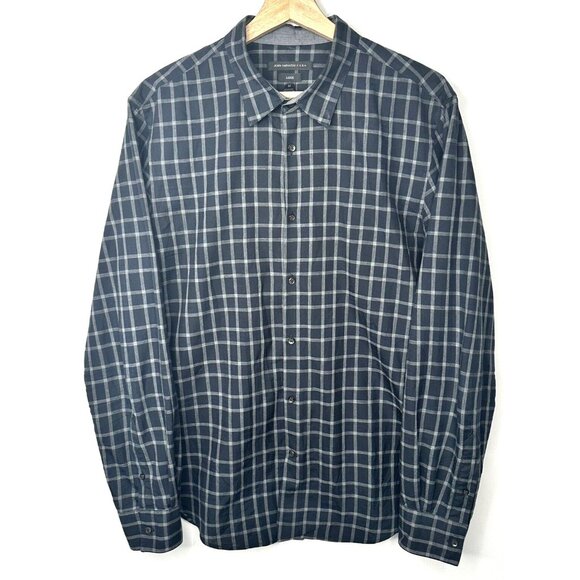 John Varvatos Luxe Shirt Mens Long Sleeve Cotton Button Up Black Gray Plaid M - Picture 1 of 11
